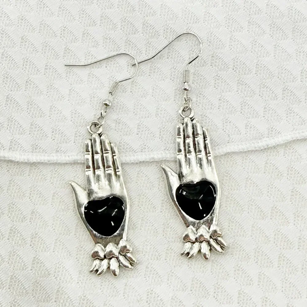 Silver Hamsa Hand Dangle Earrings | Black Heart Evil Eye Protection Jewelry